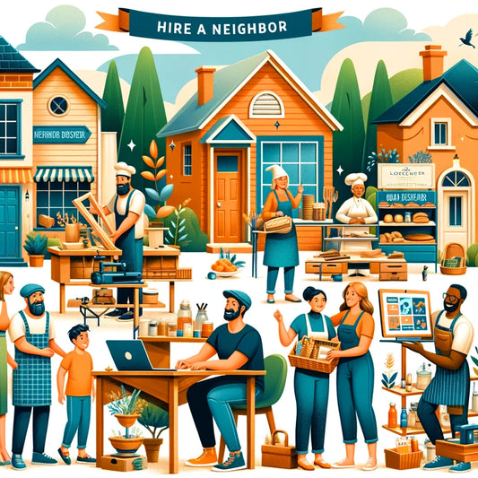 Local artisans and tradespeople engage with neighbors in a vibrant community scene, showcasing activities like furniture crafting, baking, and graphic design.