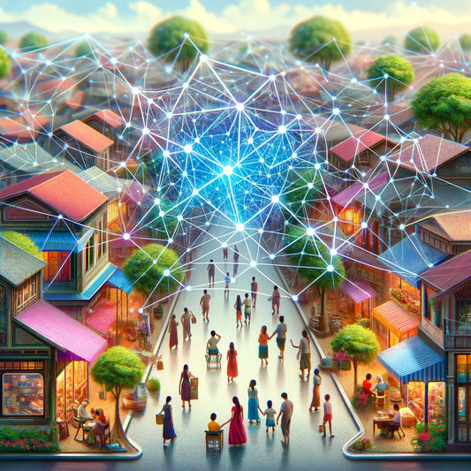 Knowledge Graph or Neural Network visual overlaid on a vibrant neighborhood scene, illustrating the integration of AI technology with community interactions.